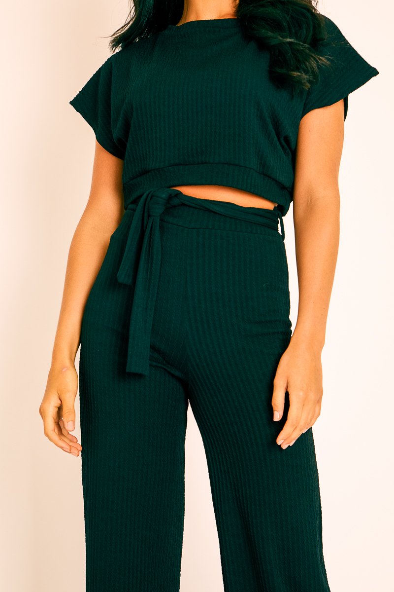 Black Wide Leg Ribbed Crop Top Loungewear Co-ord - Cesilia-Loungewear