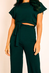 Black Wide Leg Ribbed Crop Top Loungewear Co-ord - Cesilia-Loungewear