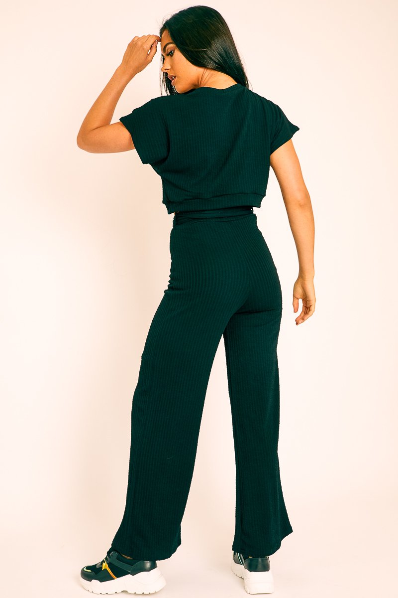 Black Wide Leg Ribbed Crop Top Loungewear Co-ord - Cesilia-Loungewear