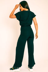 Black Wide Leg Ribbed Crop Top Loungewear Co-ord - Cesilia-Loungewear