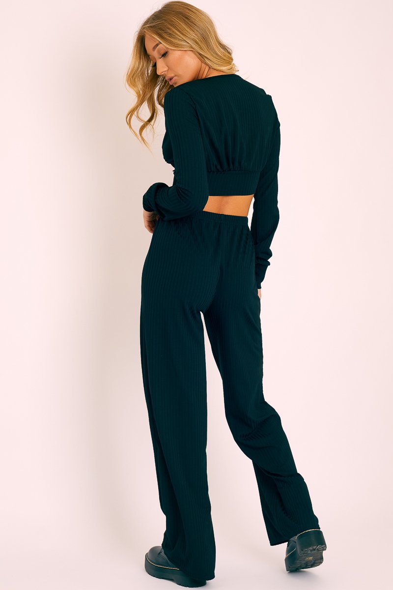 Black Wide Leg Ribbed Plunge Neck Co-ord - Brooke-Co-ords