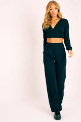 Black Wide Leg Ribbed Plunge Neck Co-ord - Brooke-Co-ords