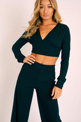 Black Wide Leg Ribbed Plunge Neck Co-ord - Brooke-Co-ords