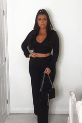 Black Wide Leg Ribbed Plunge Neck Co-ord - Brooke-Co-ords