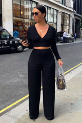 Black Wide Leg Ribbed Plunge Neck Co-ord - Brooke-Co-ords