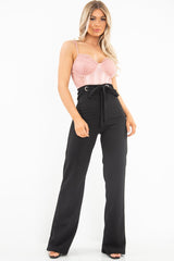 Black Wide Leg Tie Waist Trousers - Robynn-Trousers