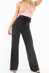 Black Wide Leg Tie Waist Trousers - Robynn-Trousers
