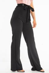 Black Wide Leg Tie Waist Trousers - Robynn-Trousers
