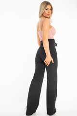 Black Wide Leg Tie Waist Trousers - Robynn-Trousers