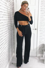 Black Wide Leg Tie Waist Trousers - Robynn-Trousers