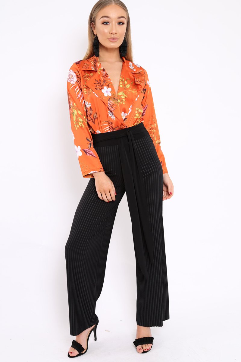 Black Wide Legged Pleated Trousers - Chantel-Trousers