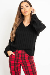 Black Wide Rib V Neck Jumper - Alinah-Jumper