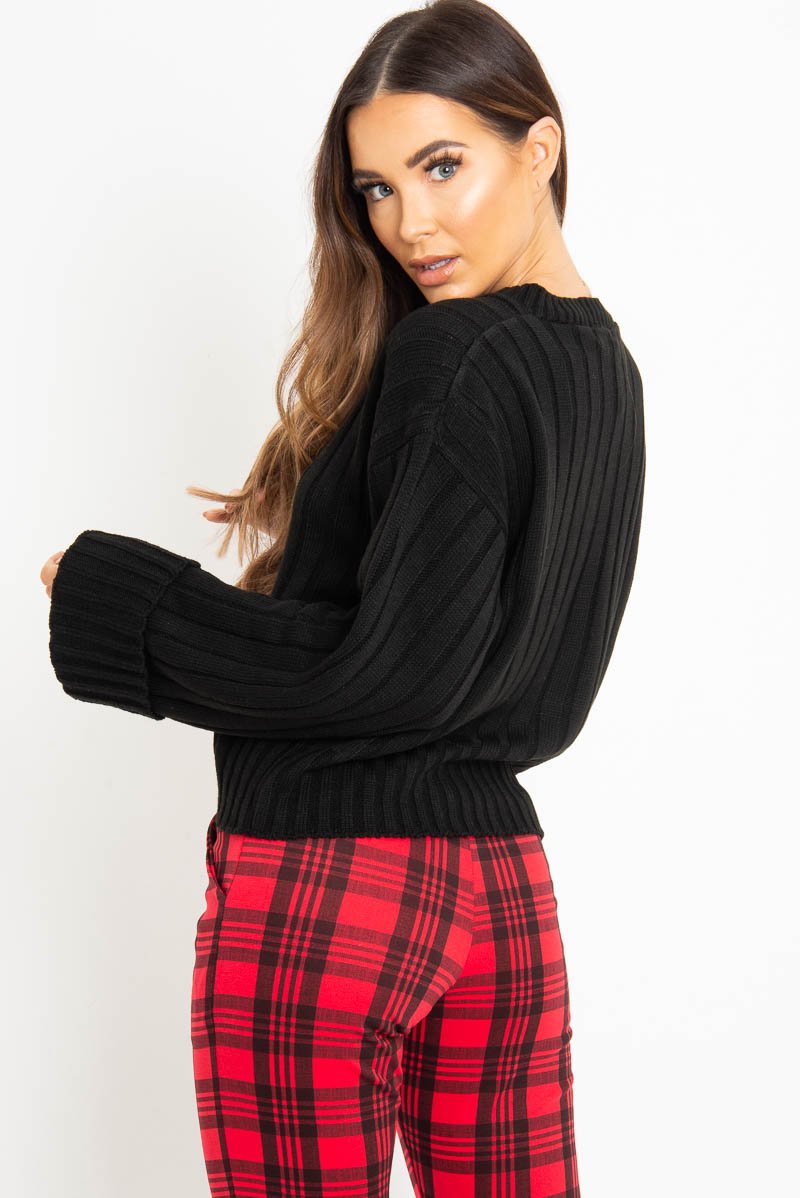 Black Wide Rib V Neck Jumper - Alinah-Jumper