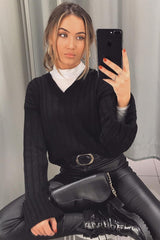 Black Wide Rib V Neck Jumper - Alinah-Jumper