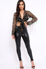 Black With Gold Tassels Tie Front Crop Top - Joy-Crop Tops