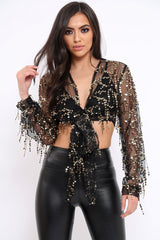 Black With Gold Tassels Tie Front Crop Top - Joy-Crop Tops