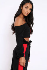 Black With Red Stripe Bardot Crop Top - Livvie-Crop Tops