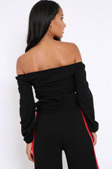 Black With Red Stripe Bardot Crop Top - Livvie-Crop Tops