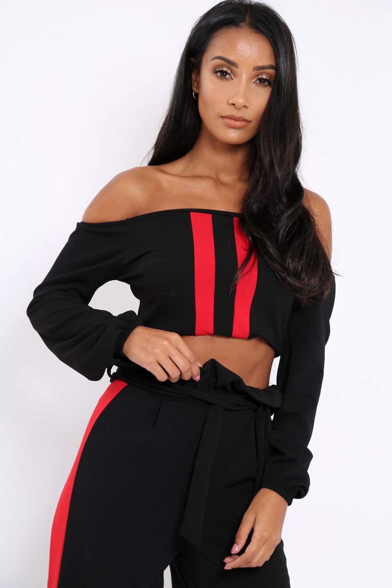 Black With Red Stripe Bardot Crop Top - Livvie-Crop Tops