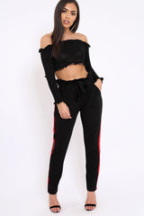 Black With Red Stripe Paper Bag Tie Waist Cigarette Trousers - Karmen-Trousers