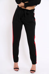 Black With Red Stripe Paper Bag Tie Waist Cigarette Trousers - Karmen-Trousers