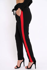 Black With Red Stripe Paper Bag Tie Waist Cigarette Trousers - Karmen-Trousers