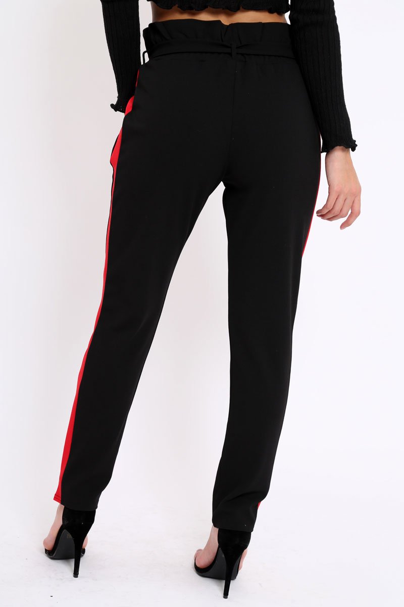 Black With Red Stripe Paper Bag Tie Waist Cigarette Trousers - Karmen-Trousers