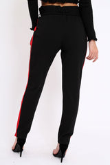 Black With Red Stripe Paper Bag Tie Waist Cigarette Trousers - Karmen-Trousers