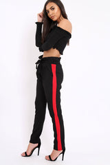 Black With Red Stripe Paper Bag Tie Waist Cigarette Trousers - Karmen-Trousers