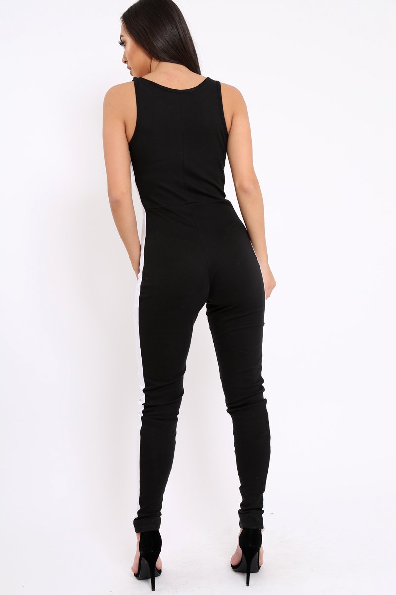 Black With White Side Stripe Bodycon Jumpsuit - Tinisha-Jumpsuits