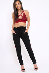 Black With Wine Stripe Paper Bag Tie Waist Cigarette Trousers - Karmen-Trousers