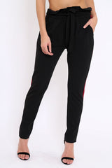 Black With Wine Stripe Paper Bag Tie Waist Cigarette Trousers - Karmen-Trousers