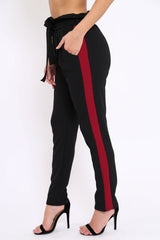 Black With Wine Stripe Paper Bag Tie Waist Cigarette Trousers - Karmen-Trousers