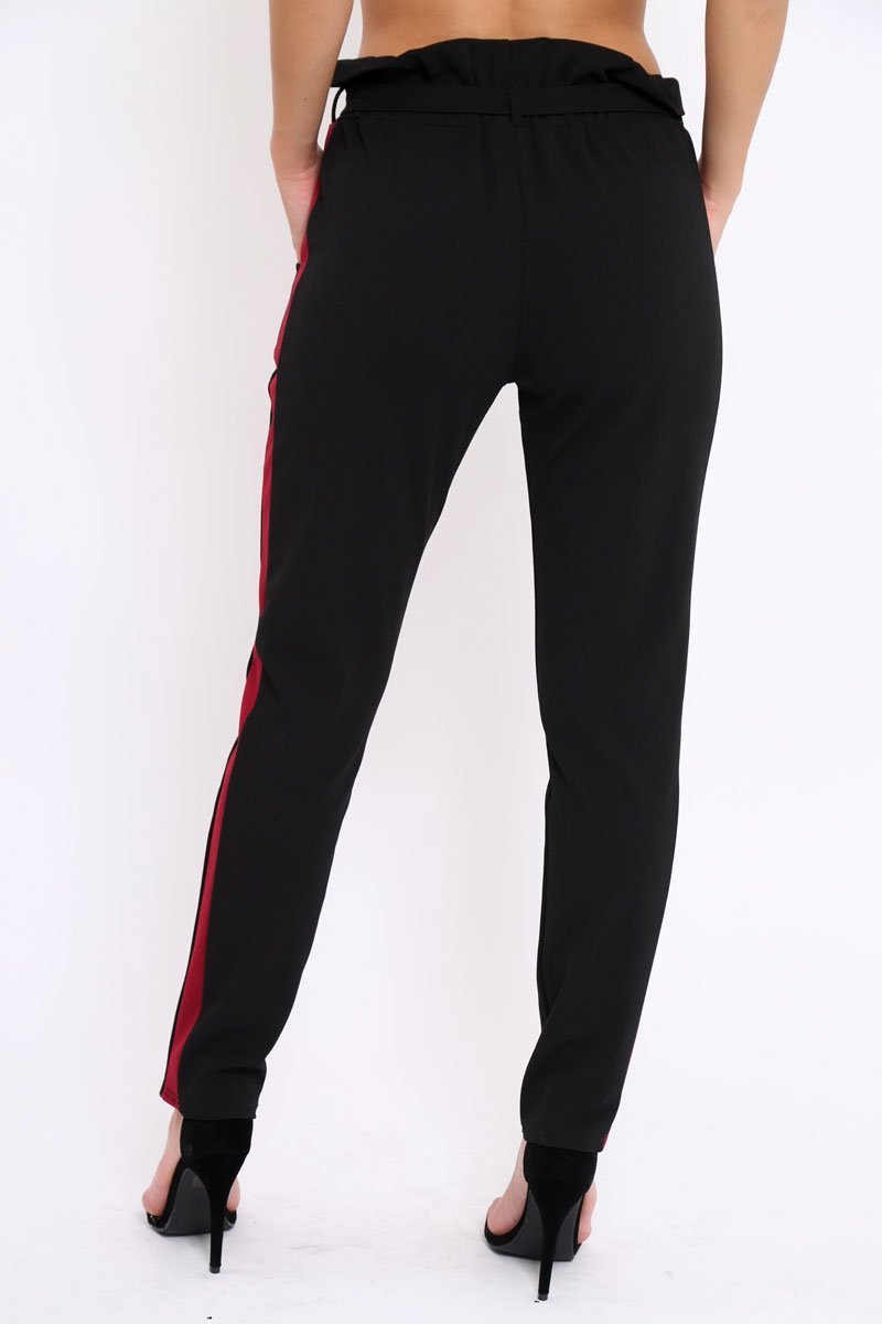Black With Wine Stripe Paper Bag Tie Waist Cigarette Trousers - Karmen-Trousers