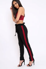 Black With Wine Stripe Paper Bag Tie Waist Cigarette Trousers - Karmen-Trousers