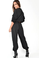 Black Woven Button Down Boiler Jumpsuit - Janise-Jumpsuits