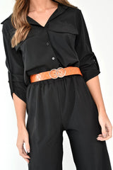 Black Woven Button Down Boiler Jumpsuit - Janise-Jumpsuits