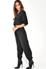 Black Woven Button Down Boiler Jumpsuit - Janise-Jumpsuits