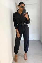Black Woven Button Down Boiler Jumpsuit - Janise-Jumpsuits