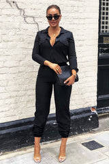 Black Woven Button Down Boiler Jumpsuit - Janise-Jumpsuits