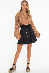 Black Woven Button Front Pleated Mini Skirt - Louisa-Skirts