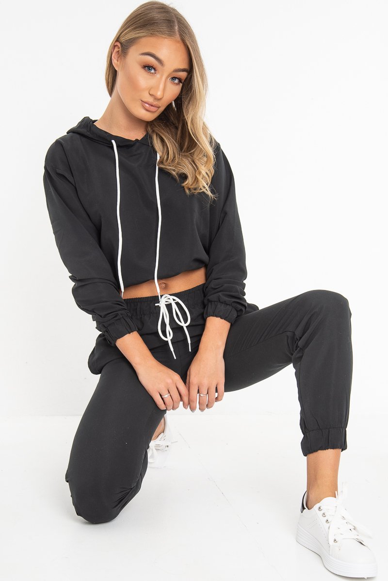 Black Woven Drawstring Hoodie Jogger Co-Ord - Elvira-Tracksuits