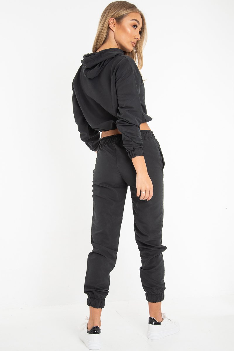 Black Woven Drawstring Hoodie Jogger Co-Ord - Elvira-Tracksuits