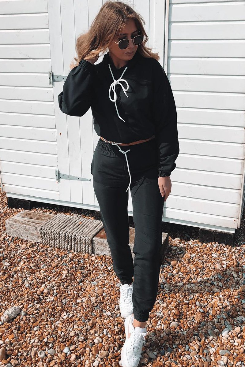 Black Woven Drawstring Hoodie Jogger Co-Ord - Elvira-Tracksuits