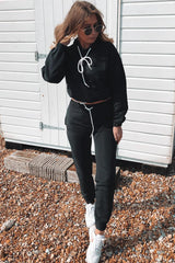 Black Woven Drawstring Hoodie Jogger Co-Ord - Elvira-Tracksuits