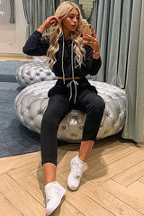 Black Woven Drawstring Hoodie Jogger Co-Ord - Elvira-Tracksuits