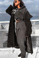 Black Woven Drawstring Hoodie Jogger Co-Ord - Elvira-Tracksuits