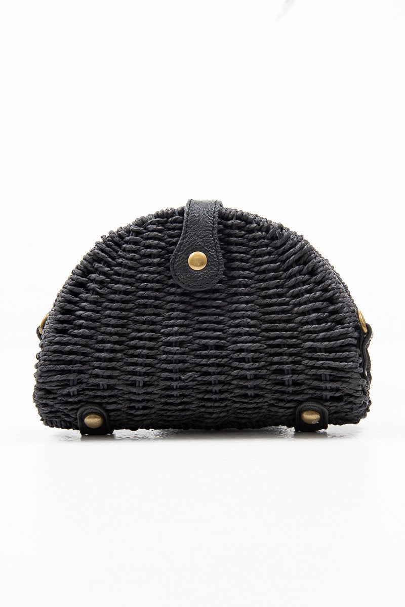 Black Woven Faux Leather Detail Semi Circle Bag - Devyn-Bags