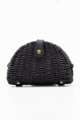 Black Woven Faux Leather Detail Semi Circle Bag - Devyn-Bags