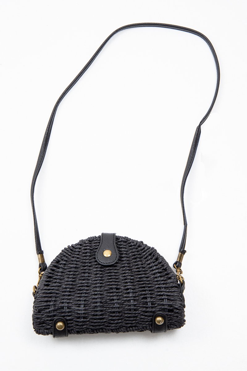 Black Woven Faux Leather Detail Semi Circle Bag - Devyn-Bags